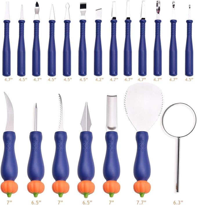 Pumpkin Carving Kit Heavy Duty Stainless Steel Tools with Carrying Case (Total 31 Pieces) Pumpkin Carver Pumpkin Sculpting Set Halloween Party Decorating with pumpkin gutter (Light cyan)
