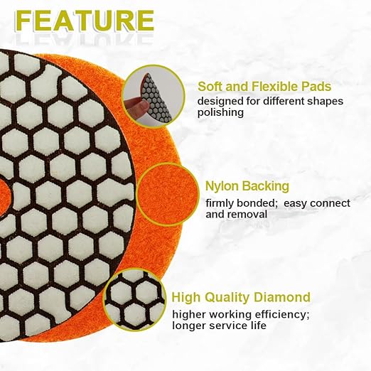 Dry Diamond Polishing Pads 4"/100mm - 8pcs Grit 50x3/100x3/200x2 Polish Pad Kit with 5/8"-11 Backer Pad +Adapter for Granite Marble Artificial Stone Quartz for Angle Grinder