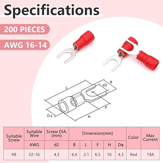 200 Pcs Insulated Fork Spade U-Type Wire Connectors, 22-16 AWG M4 Electrical Crimp Terminal, Stud Size #8 Size Red Butt Connectors