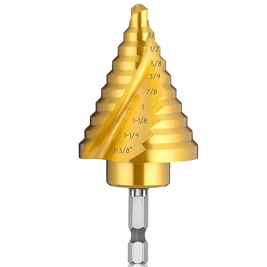 Titanium Step Drill Bit, 1/4" to 1-3/8" Spiral Flute Step Bit for Metal, 10 Sizes HSS Step Drill Unibit