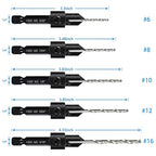 5-pc Countersink Drill Bit Set, 3in1 Woodworking Counterbore Hole Drill Bits for #6 8 10 12 16 Screws, Depth Adjustable M2 Pilot Drill Bits, 82-Degree Chamfer, 1/4” Hex Shank, 2 Allen Wrench