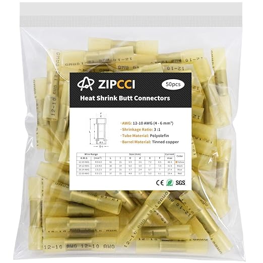 12-10 AWG Heat Shrink Butt Connectors - 50Pcs Yellow Waterproof Crimp Electrical Wire Connectors Splice Marine Automotive Cable Wiring Terminals