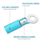 200 Pack Heat Shrink Ring Terminals - 5/16" - Blue 16-14 AWG Marine Grade Heat Shrink Wire Connectors - Tinned Red Copper Eyelet Wire Connectors