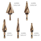 KENDO Two Spiral Flute Cobalt Step Drill Bits with Automatic Center Punch, 5PCS M35 High Speed Steel Unibit Step Bits, Total 50 Sizes, 1/4" Hex Shank, Ideal for Metal, DIY Lovers with Aluminum Case