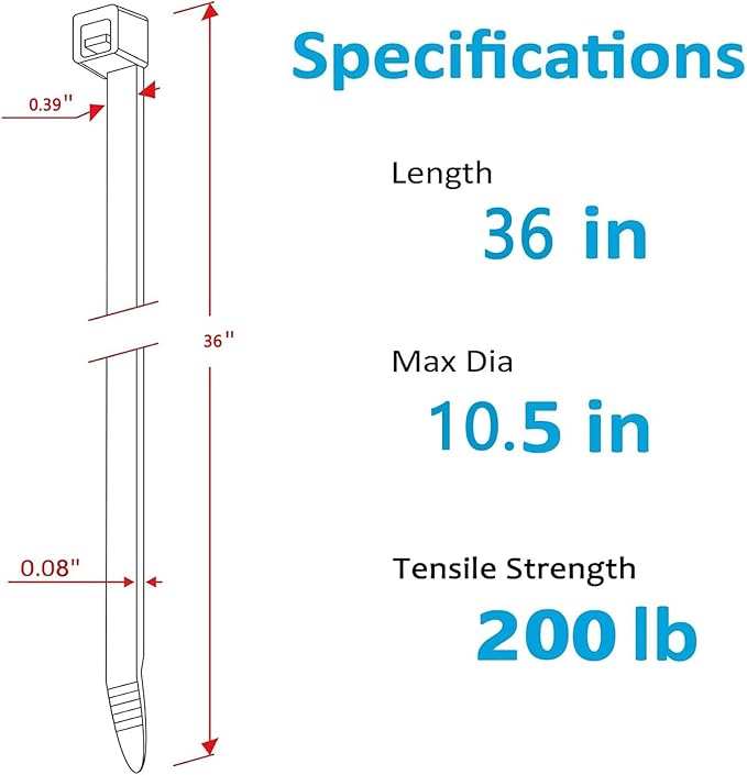 36 Inch Heavy Duty Zip Ties, UV Resistant, Extra Long Black Nylon Cable Ties (15 Pieces) 200 lb Tensile Strength