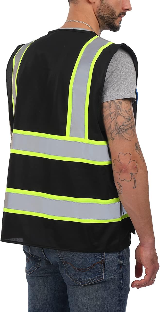 Dib Safety Reflective Vest High Visibility with Pockets and Zipper, Black with Yellow Trim 2XL