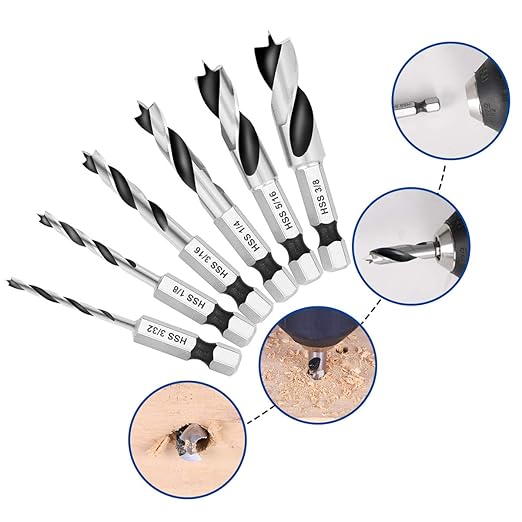 COMOWARE Brad Point Stubby Drill Bit Set for Wood, Short Length Drill Bit Set 6pcs HSS 4241 Steel with 1/4-Inch Quick Change Hex Shank