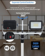 UFOND 10000 Lumen LED Work Light with Stand, Dual Head Work Light, Waterproof Lamp with Individual Switch, Adjustable Metal Telescoping Tripod with Power Cord （2 Pack）
