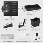 4Pcs Black Peg Board Wall Organizer, Plastic Pegboard Panel, Garage Storage Tool Organizer for Wall, Craft Room, Kitchen, Workshop, Office, Includes Hooks and Bins