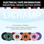 Lichamp 20-Pack Colored Electrical Tape Waterproof, 3/4 in x 66ft, Industrial Grade UL/CSA Listed High Temp Electrical Tape Colors Electric Super Vinyl, 2075C1