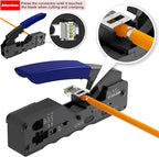 VCELINK RJ45 Crimp Tool Kit for Cat6/Cat7, All-In-One Network Crimper with RJ45 Cat6a/Cat7 Pass-Thru Connectors, Network Cable Tester, Wire Stripper, rj45/rj12/rj11 DIY Repair Set