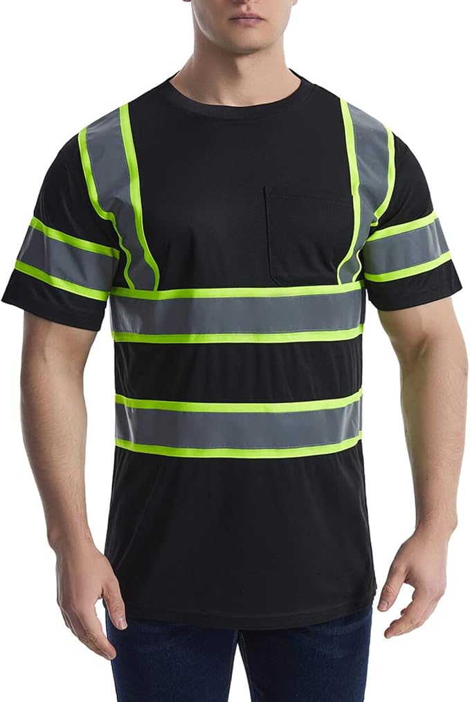 High Visibility Shirts Quick Dry Safety T Shirts with Reflective Strips and Pocket Short Sleeve Mesh Hi Vis Construction Work Class 2 Shirt for Men/Women Black,3XL