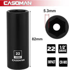 CASOMAN 1/2-Inch Drive x 22mm Deep Impact Socket, 6-Point, Metric, CR-MO
