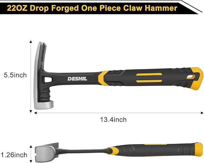 22 oz Straight Rip Claw with Fiberglass Handle, Drop Forged One Piece Claw Hammer, All Purpose Hammer, Smooth Face, Shock-Absorbing Grip