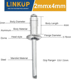 Linkup 400pcs pack 2mm x 4mm mini Pop blind Rivets, 1/12" x 5/32" small pop rivets,Aluminum Body Steel Mandrel Rivet (Silver),Dome Head aluminum short rivets
