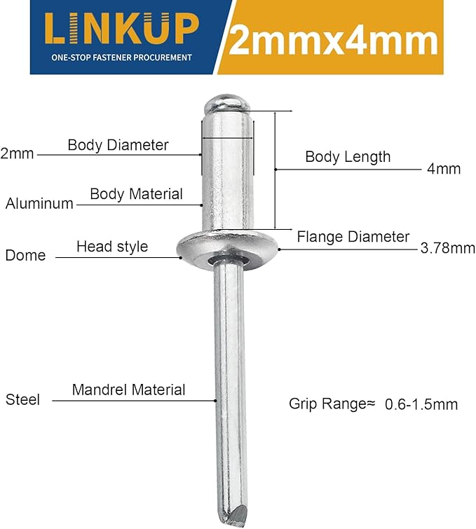 Linkup 400pcs pack 2mm x 4mm mini Pop blind Rivets, 1/12" x 5/32" small pop rivets,Aluminum Body Steel Mandrel Rivet (Silver),Dome Head aluminum short rivets