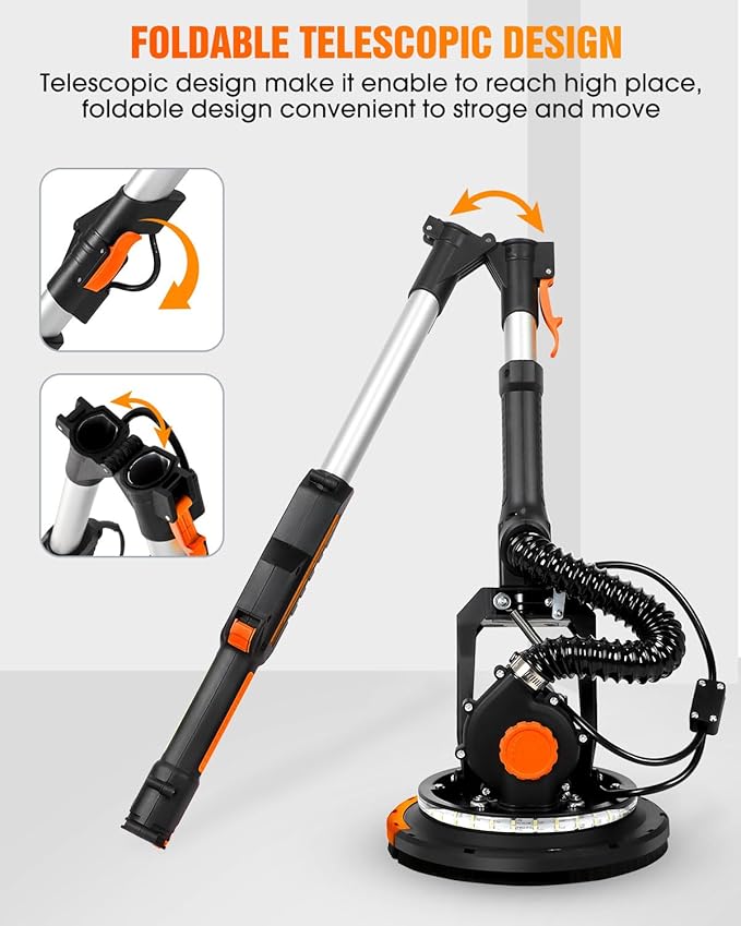 Electric Drywall Sander with Vacuum Dust Collection, Variable Speed, LED Light, Foldable Handle, Sanding Discs & Grids