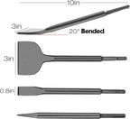 4Pcs SDS Plus Chisels Set, 3” x 10”Flat & 20° Bent Tile Removal Bits， Point & 0.8” x 10”Narrow Flat Chisel in 40Cr Alloy Steel, Fits Most Rotary Hammers & Impact Drills