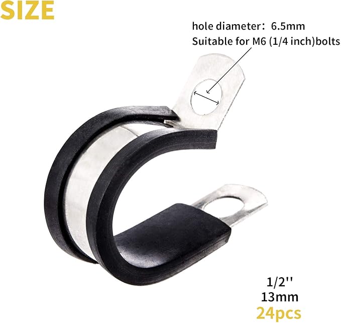 24pcs Wire Clamps 1/4 Inch, Stainless Steel 304 Cable Clamps Rubber Cushion, Pipe Clamp for wiring, lines, hoses and cables
