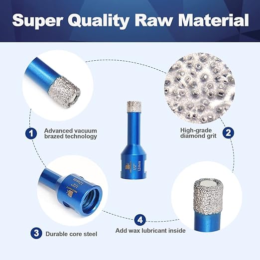 1/2 Inch Diamond Core Drill Bit for Porcelain Tile Ceramic Marble Granite Drilling,BRSCHNITT 2pcs Vacuum Brazed Diamond Hole Saw with 5/8-11 Thread (12mm 2pcs)