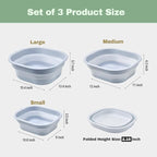 Collapsible Wash Basin Set of 3, Foldable Large Medium Small Wash Basins, Portable Plastic Basins for Laundry, Bottles, Travel, Camping (Blue Gray)