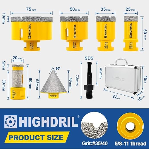 HIGHDRIL Diamond Drill Bits Kit - 25/35/50/75mm/20mm Finger Bit+50mm Chamfer Bit +SDS Adapter with 5/8-11 Thread for Porcelain Ceramic Tile Granite Marble Brick