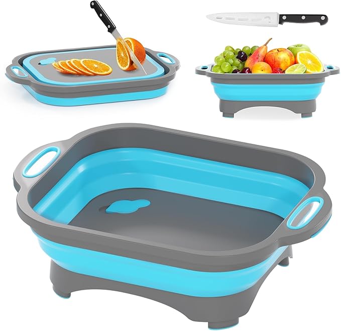 Collapsible Cutting Board,HI NINGER Camping cutting board with knife,Multifunctional Kitchen Vegetable Washing Basket Silicone Dish Tub for Camping Kitchen essentials/bbq prep tub/rv accessories