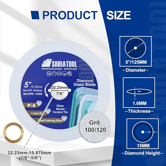 SHDIATOOL Diamond Glass Cutting Disc 5-Inch Saw Blade, Ultra-Thin Cut Off Wheel for Tile Ceramic Porcelain Marble 125mm (10 of Pack)