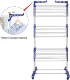 Bigzzia Clothes Drying Rack, Folding Stainless Steel Drying Rack Clothing Indoor Outdoor, Space-Saving, 4 Tier Laundry Drying Rack with Two Side Wings Grey Blue