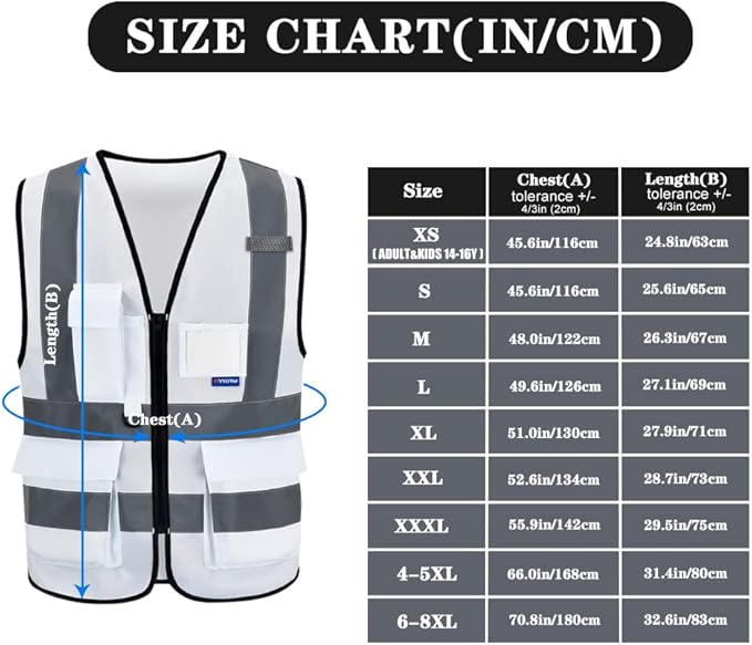 A-SAFETY 6XL-8XL,Hi Reflective Safety Vest,Hi Vis Bright Neon Colors Safety Vest with 4 Reflective Strips 7 Pockets(White)