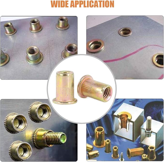 Keadic 150Pcs M6 Rivet Nuts Metric Zinc Plated Rivet Nut Carbon Steel Rivet Nut Flat Head Threaded Insert Kit Threaded Rivet Insert Nutsert Rivnuts Kit for Furniture