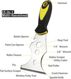 Multi-Painter's Stainless Steel Tool Spealloy Paint Scraper, Taping knife,3 in. Putty knife 15-in-1 Paint Scraper Hammer Head Soft Grip Handle Fixed Multi-Tool for Wood, Wallpaper Grout