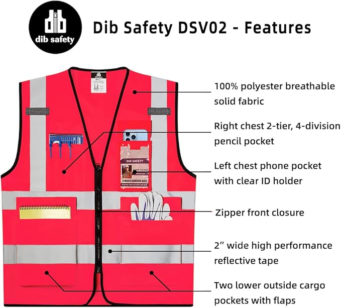 Dib Safety Reflective Vest High Visibility with Pockets and Zipper, Pink XL