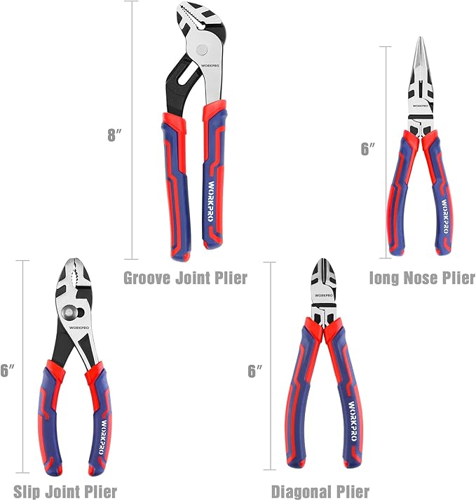 WORKPRO 4-Piece Pliers Set - Premium CR-V Construction Tool Set Including Long Nose, Diagonal Cutting, Groove Joint and Slip Joint Pliers - Red