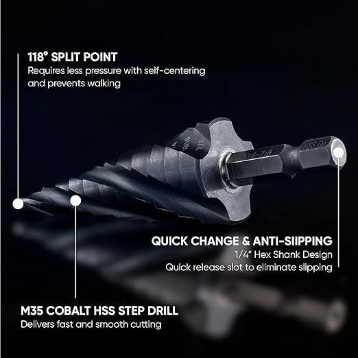 toolant Four Spiral Flute Cobalt Step Drill Bit Set(Pro Max), 1/8"-7/8"(3pcs) Impact Ready Unibit Step 1/4" Hex Shank Step Bits for Metal, Stainless Steel, Aluminum, Wood, Plastic