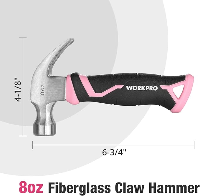 WORKPRO 8 oz Claw Hammer with Fiberglass Handle, All Purpose Hammer with Forged Hardened Steel Head, Pink Ribbon