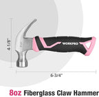 WORKPRO 8 oz Claw Hammer with Fiberglass Handle, All Purpose Hammer with Forged Hardened Steel Head, Pink Ribbon