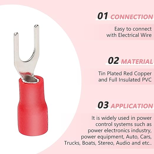 200 Pcs Insulated Fork Spade U-Type Wire Connectors, 22-16 AWG M4 Electrical Crimp Terminal, Stud Size #8 Size Red Butt Connectors