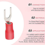 200 Pcs Insulated Fork Spade U-Type Wire Connectors, 22-16 AWG M4 Electrical Crimp Terminal, Stud Size #8 Size Red Butt Connectors