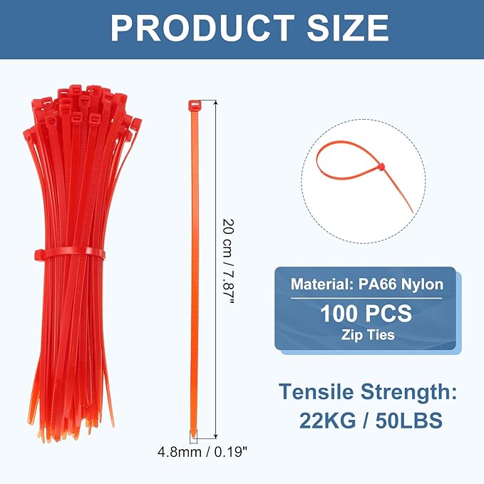 PATIKIL Cable Zip Ties 8 Inch, 100 Pcs Self-Locking Nylon Wire Tie Wraps Heavy Duty Cord Management with 50 lbs Tensile Strength for Indoor and Outdoor, Red (0.2" W)