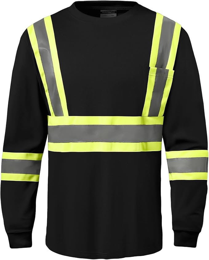 Hi Vis Safety Long Sleeve Shirts，High Visibility Class 3 T Shirts with Reflective Strips and Pocket, Quick Dry Mesh Construction Work Shirt for Men/Women (Black,4XL)