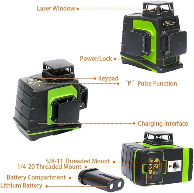 Huepar 3D Green Beam Self-Leveling Laser Level 3 x 360 Cross Line Three-Plane Leveling and Alignment Tool -Two 360 Vertical and One 360 Horizontal Line -Magnetic Pivoting Base GF360G