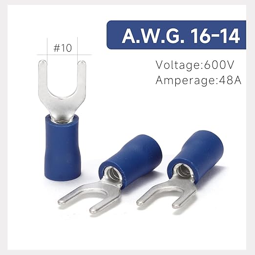 150PCS Fork Wire Connectors Insulated - Blue 16-14 AWG M5 Stud Size #10 - U-Type Tinned Copper Spade Electrical Crimp PVC Terminals