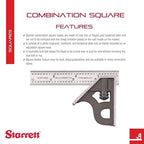 Starrett Steel Combination Square with Square Head - 4" Blade Length, Cast Iron Heads, Hardened Steel, Reversible Lock Bolt, 4R Graduation Type - 11H-4-4R