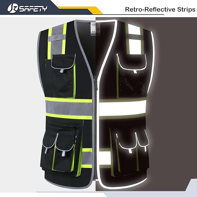 JKSafety 10 Pockets Hi-Vis Neon Color Frontal Zipper Mesh Safety Vest for Men Women Safety Utility for works Comply to ANSI/ISEA Standards (86-Black XXL)