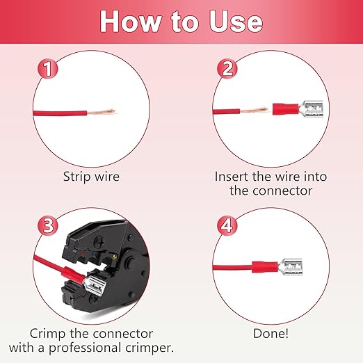 200 Pcs Red Female Quick disconnects Vinyl Insulated Spade Wire Connectors, Electrical Crimp Terminal 22-16 AWG (6.3mm)