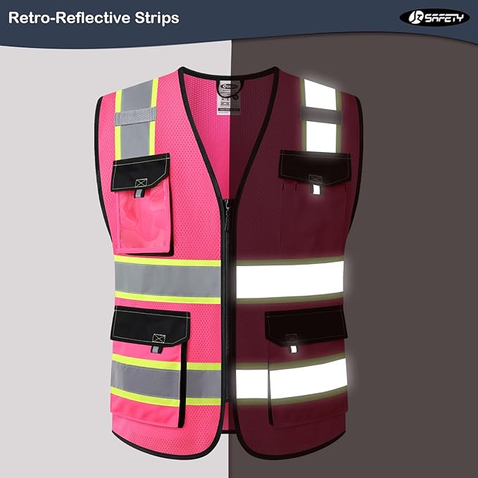 JKSafety Hi Vis Reflective Safety Vests for Men Women High Visibility Vest with Pockets Mesh Fabric Construction Safety Apparel Neon Vest for Work (220-Pink XXL)