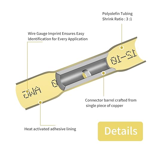 12-10 AWG Heat Shrink Butt Connectors - 50Pcs Yellow Waterproof Crimp Electrical Wire Connectors Splice Marine Automotive Cable Wiring Terminals