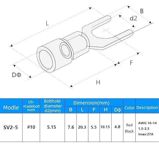 200PCS Pre-Insulated Fork Crimp Terminal,AWG16-14 Fork Electrical Wire Connectors,Stud Size #10 Brass U-Type Cold Pressed Terminal