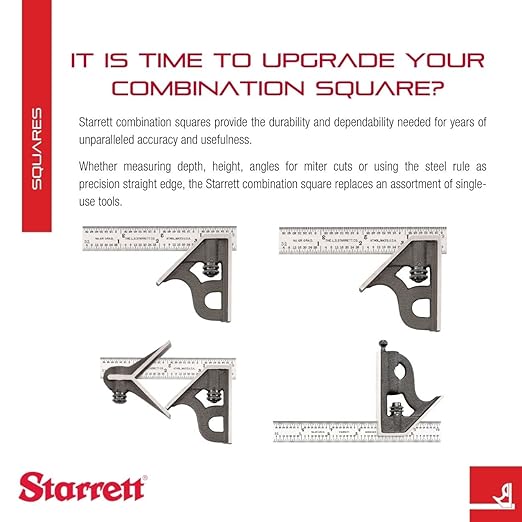 Starrett Steel Combination Square with Square Head - 6" Blade Length, Cast Iron Heads, Hardened Steel, Reversible Lock Bolt, Scriber, Spirit Level, 16R Graduation Type - 11H-6-16R